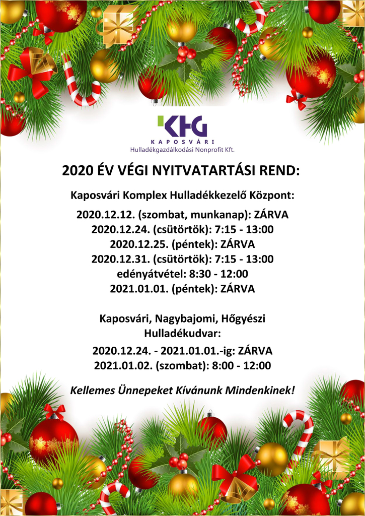 2020 év végi nyitvatartási rendje